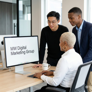 MW Digital Marketing Group team collaborating on digital marketing strategies for small businesses.