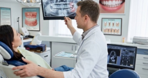 AI for Dental Practices, Male Dentist reviewing X-ray results with female patient